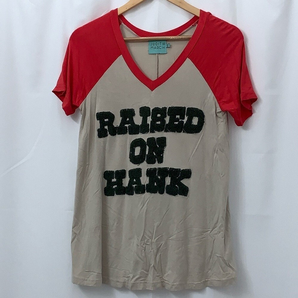 Judith March Raised On Hank Raglan Tee Shirt  Red Small Country Graphic‎ V-Neck